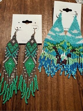 Turquoise & Green Seed Bead Fringe Earrings
